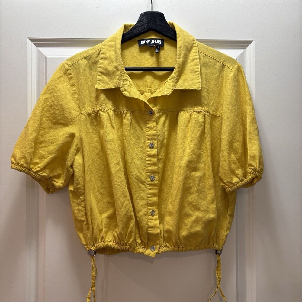 DKNY Jeans Yellow Button Up Crop Top Shirt Large Linen Cotton Blend